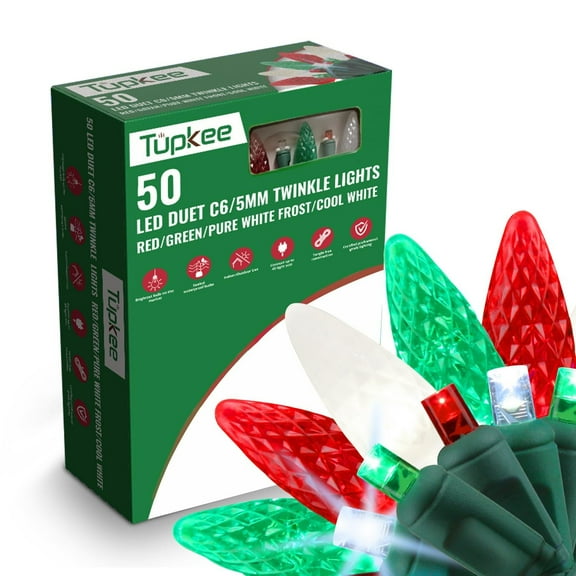 Christmas LED Duet C6/5mm Twinkling Lights 8 of 50 Lights Twinkle, Professional Grade Indoor Outdoor, 24.5 Feet Sparkling Light String, 50 Red, Green & White LED Bulbs - Christmas Tree Holiday Decor