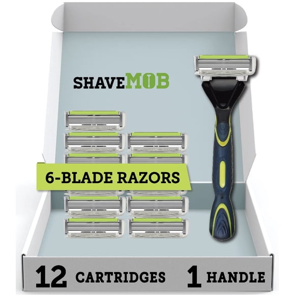 Kit de afeitadora ShaveMOB de 6 hojas para hombre (mango de cabeza flexible + 12 recambios) (sin recortadora) - El kit de afeitado Caveman