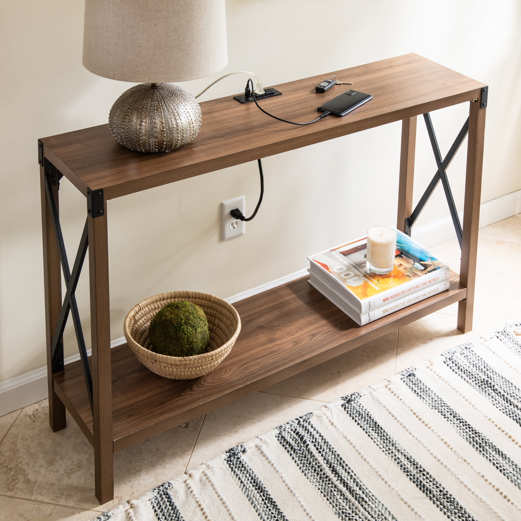 DecorTech Industrial Rectangular Wood Console Table with AC Power and USB Charging Ports, Walnut