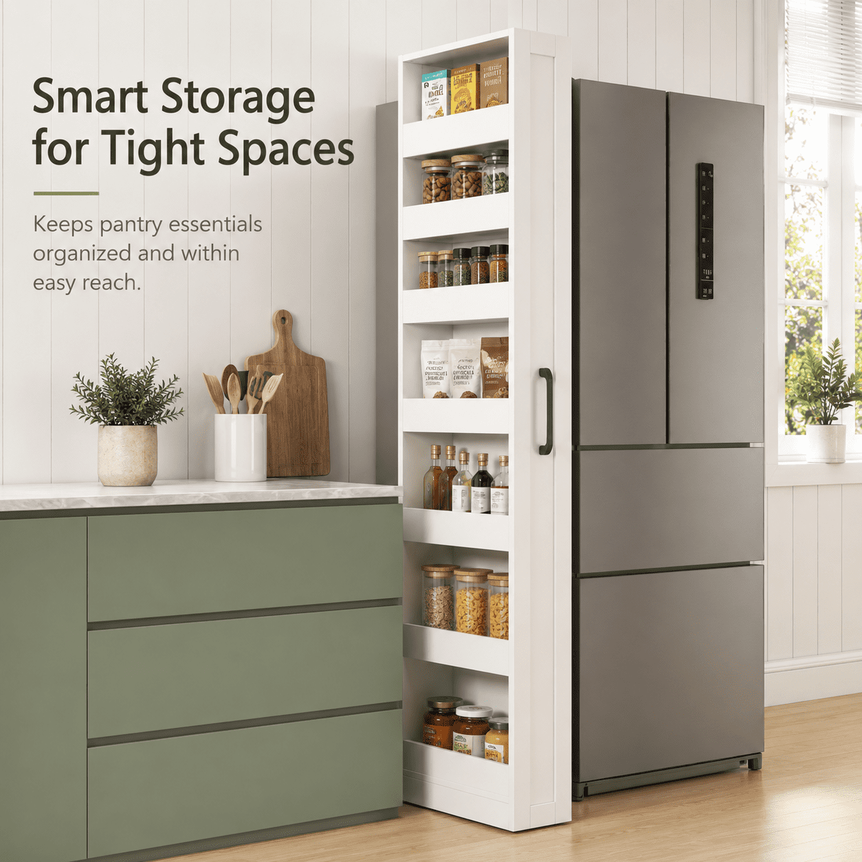Aukfa 7-Tier Slim Rolling Pantry Cabinet, 68.3" Narrow Pull-Out Kitchen Storage Cart with Handle and Casters,White