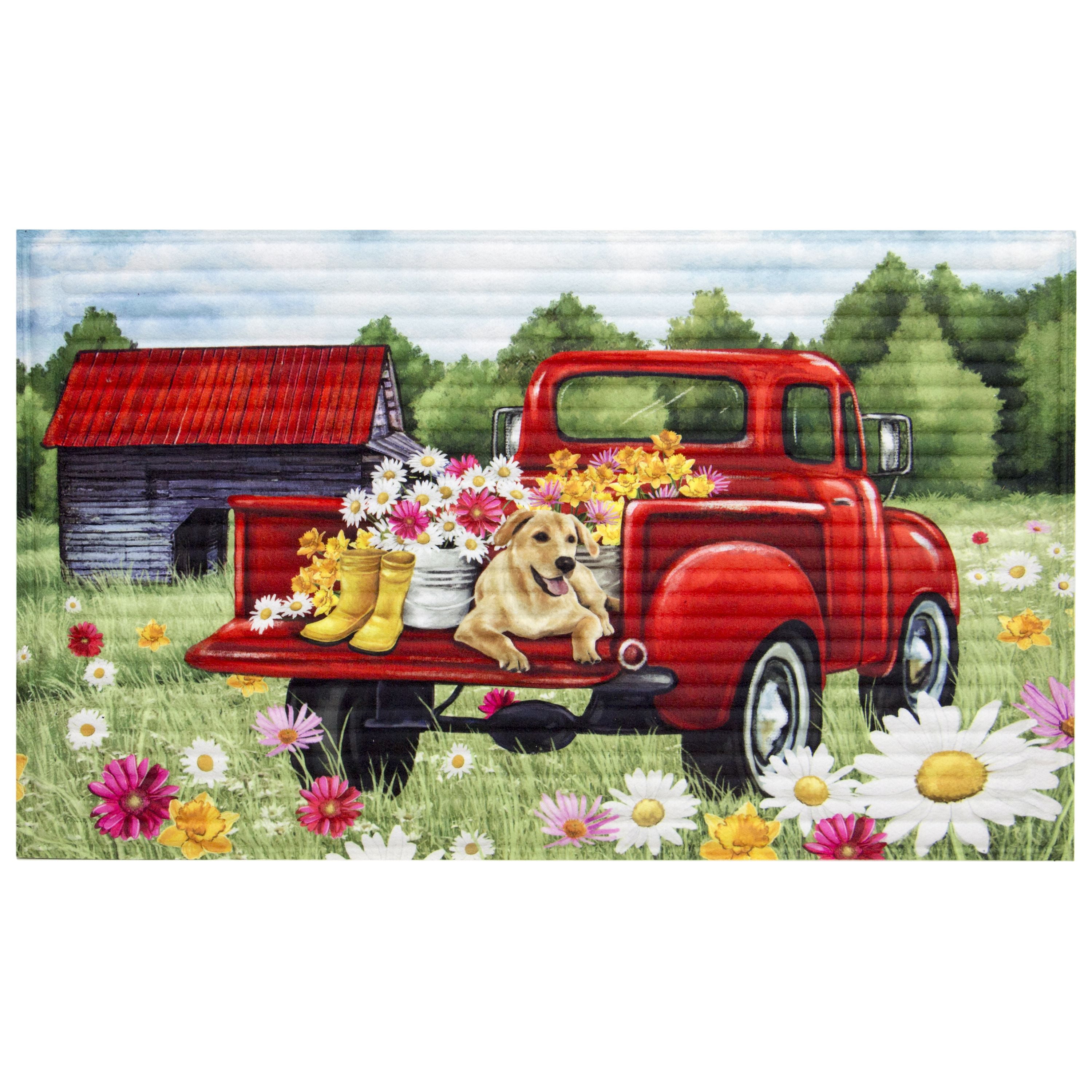 Welcome to our Home Red Truck Vinyl Backed Indoor Outdoor Rug 18 x 24" 