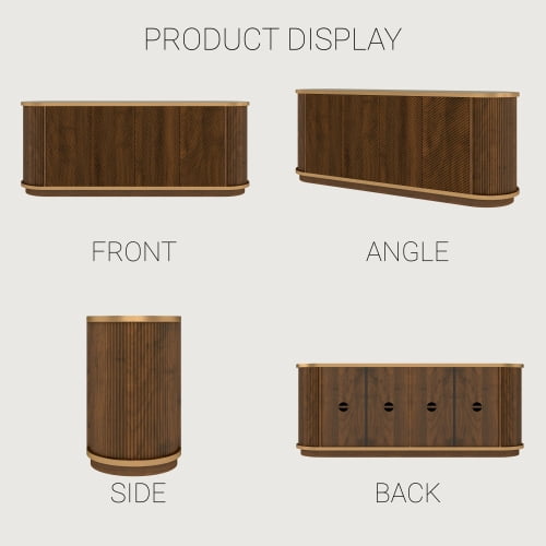63" Diagonal Fluted Sideboard Cabinet with Gold Trim & Faux Marble Top – Buffet Credenza TV Stand for Living Room, Dining Room, Walnut