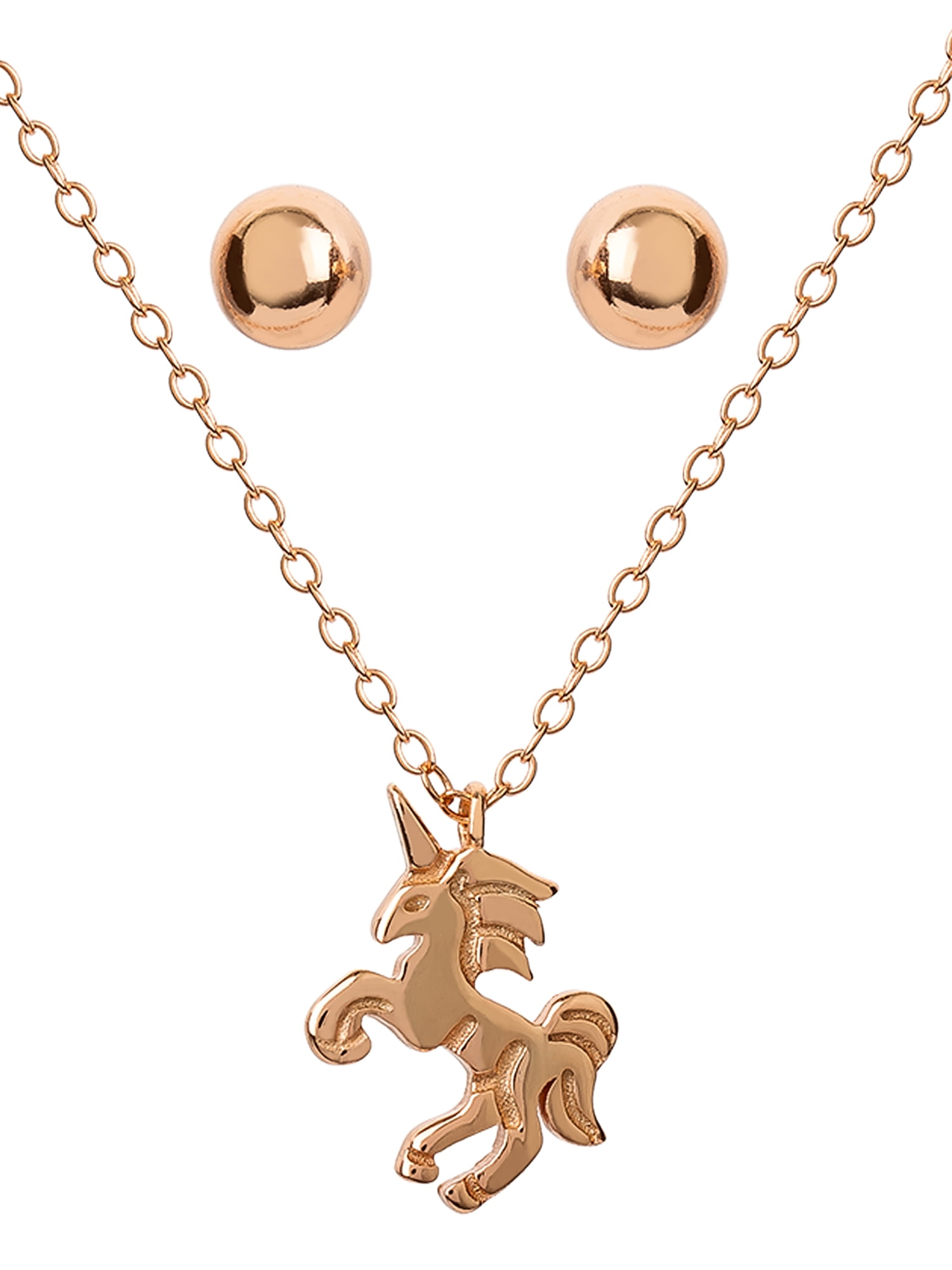 STERLING SILVER 14KT GOLD PLATED UNICORN PENDANT AND BALL STUD EARRING SET, 18'+ 2'