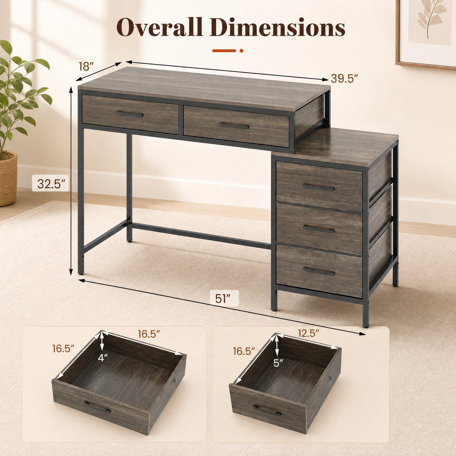 Furnibear Computer Desk with 5 Drawers and Printer Stand for Bedroom and Small Spaces for Home Office Study Computer Writing Workstation, Oak