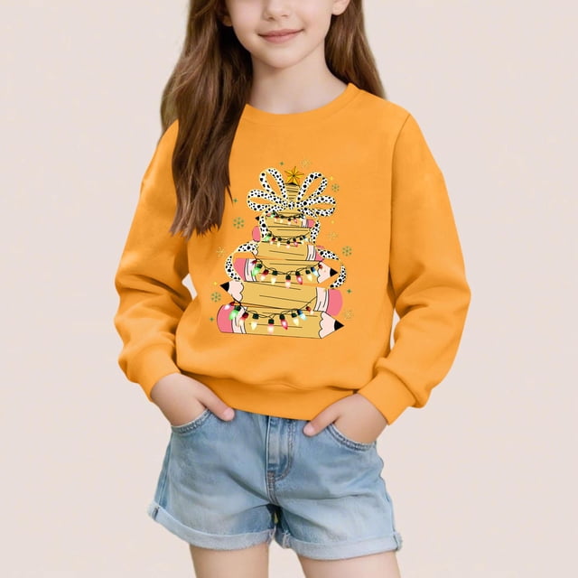 Cowsor Chandails en Molleton pour Filles Enfants Mignon Graphique Col Rond Chandail Tops Xmas Manches Longues Chemises de Vacances