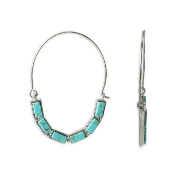 Time and Tru Women's Silver Tone Faux Turquoise Baguette Hoop Earrings