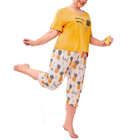 

Round Neck Pant Sets Short Sleeve Multicolor Plus Pajama Sets (Women s)