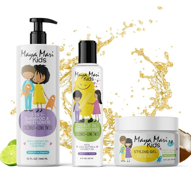 Set de cabello rizado para niños Maya Mari para control de rizos y encrespamiento: champú 2 en 1, acondicionador sin enjuague y gel para el cabello, ¡perfecto para el cabello rizado y ondulado de tu p