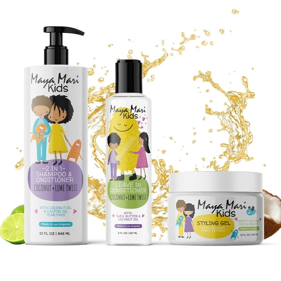 Set de cabello rizado para niños Maya Mari para control de rizos y encrespamiento: champú 2 en 1, acondicionador sin enjuague y gel para el cabello, ¡perfecto para el cabello rizado y ondulado de tu p