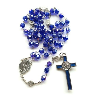Blue Crystal Bead Rosary Necklace Vintage Catholic Religious Cross Jesus Pendant Necklaces for Men Women Jewelry