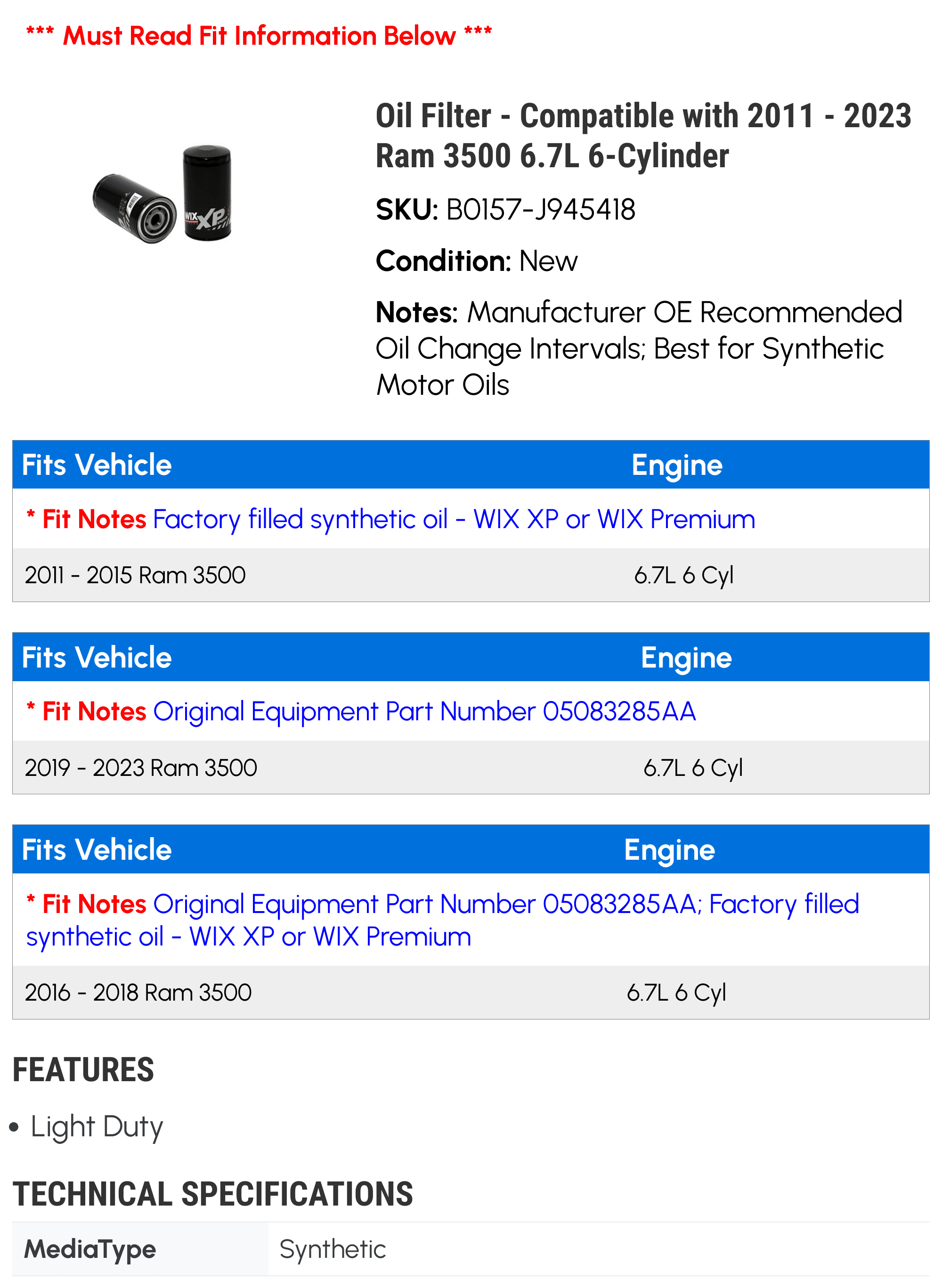 Oil Filter - Compatible with 2011 - 2023 Ram 3500 6.7L 6-Cylinder 2012 2013 2014 2015 2016 2017 2018 2019 2020 2021 2022