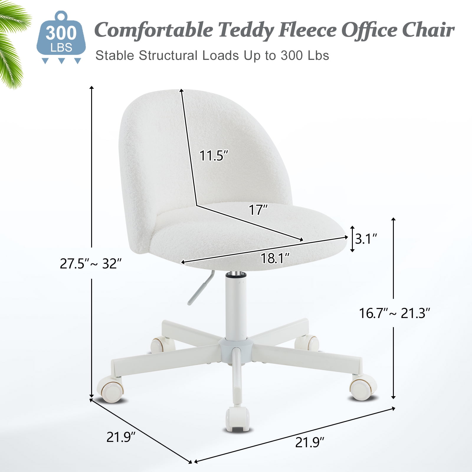 Ktaxon Armless Home Office Desk Chair Cute Mid Back Vanity Stool Teddy Velvet Swivel Task Chairs with Wheels White