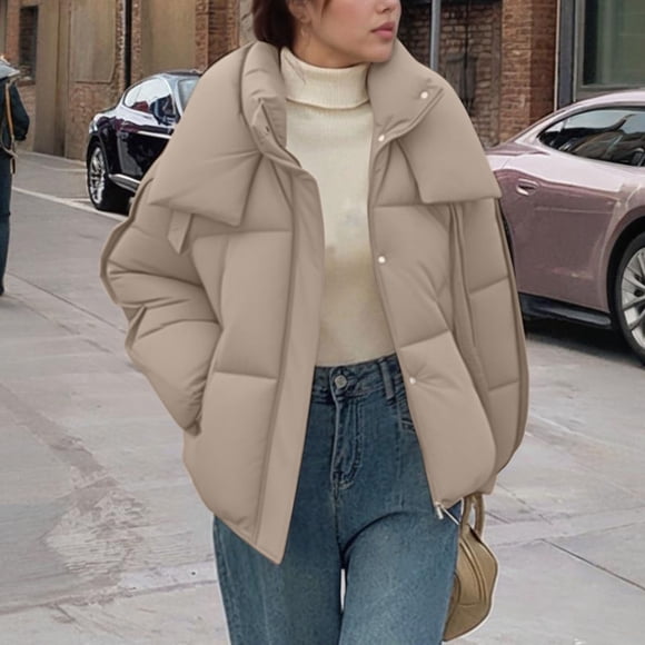 UPPADA Puffer Jacket Women Cropped Puffer Coat with Hood Waterproof Warm Quilt Jacket Warm Thicken Parka with Removable Fur Hood Winter Jackets and Coats Khaki,L