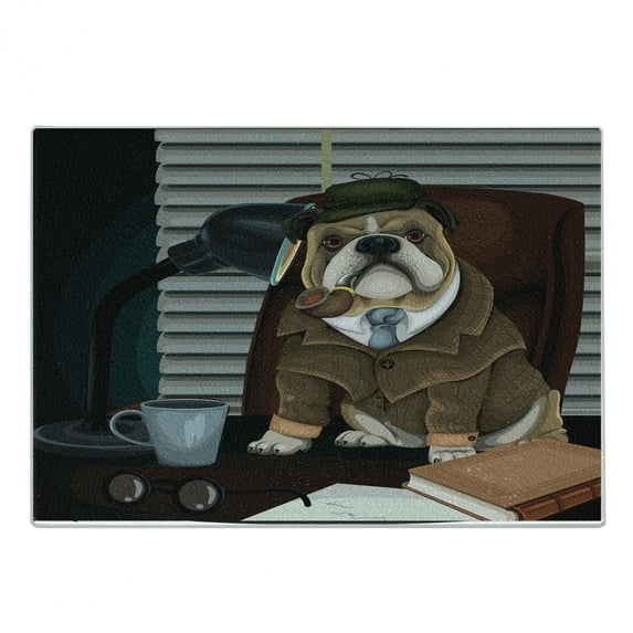 English Bulldog Cutting Board, Traditional Detective Dog and Hat Sherlock Holmes Image, Decorative Tempered Glass Cutting and Serving Board, Small Size, Multicolor, by Ambesonne
