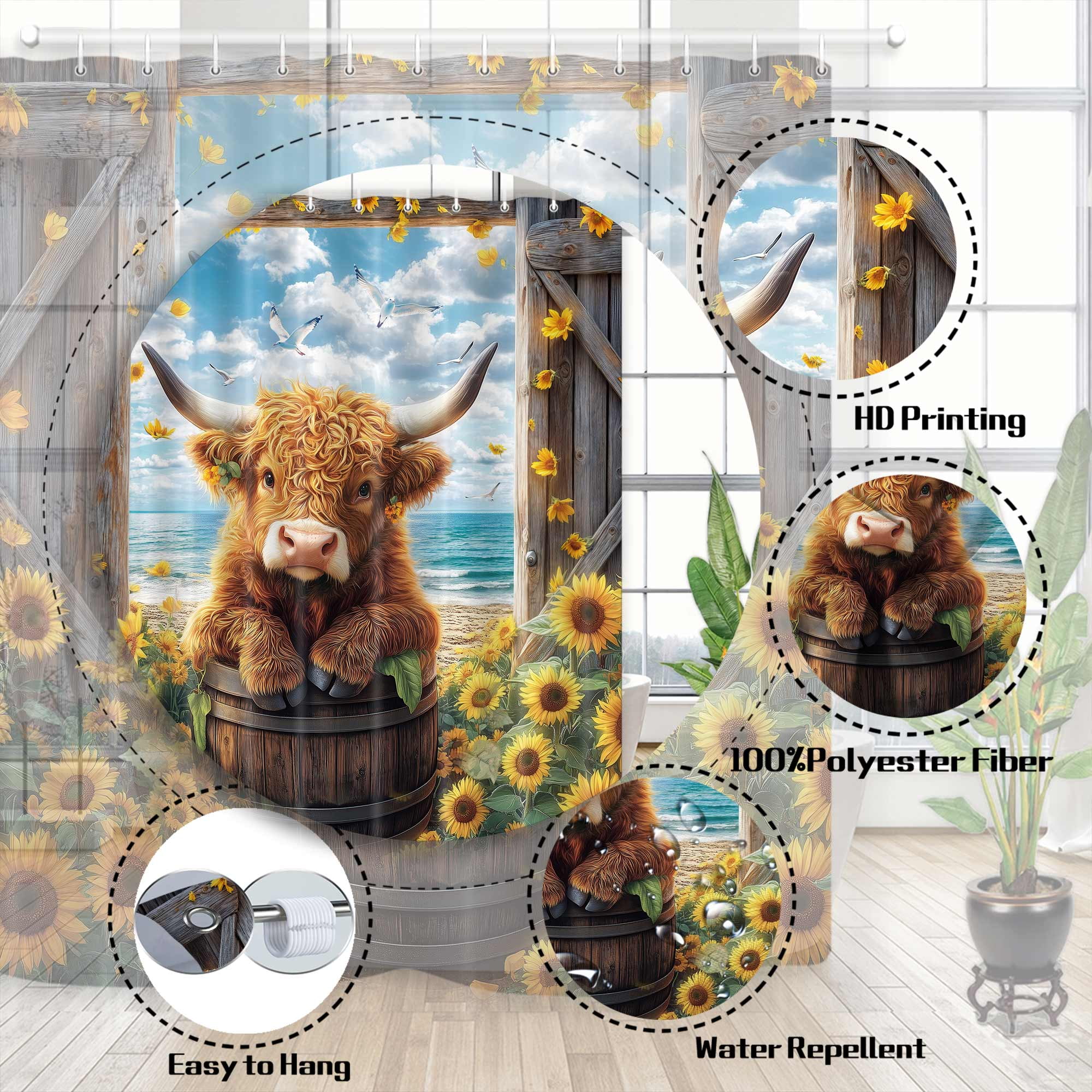 Funny Highland Cow Shower Curtain, Farmhouse Summer Beach Sunflower Western Bathroom Decor Set, Rustic Barn Door Waterproof Fabric Bath Curtains with Hooks, 72X72in