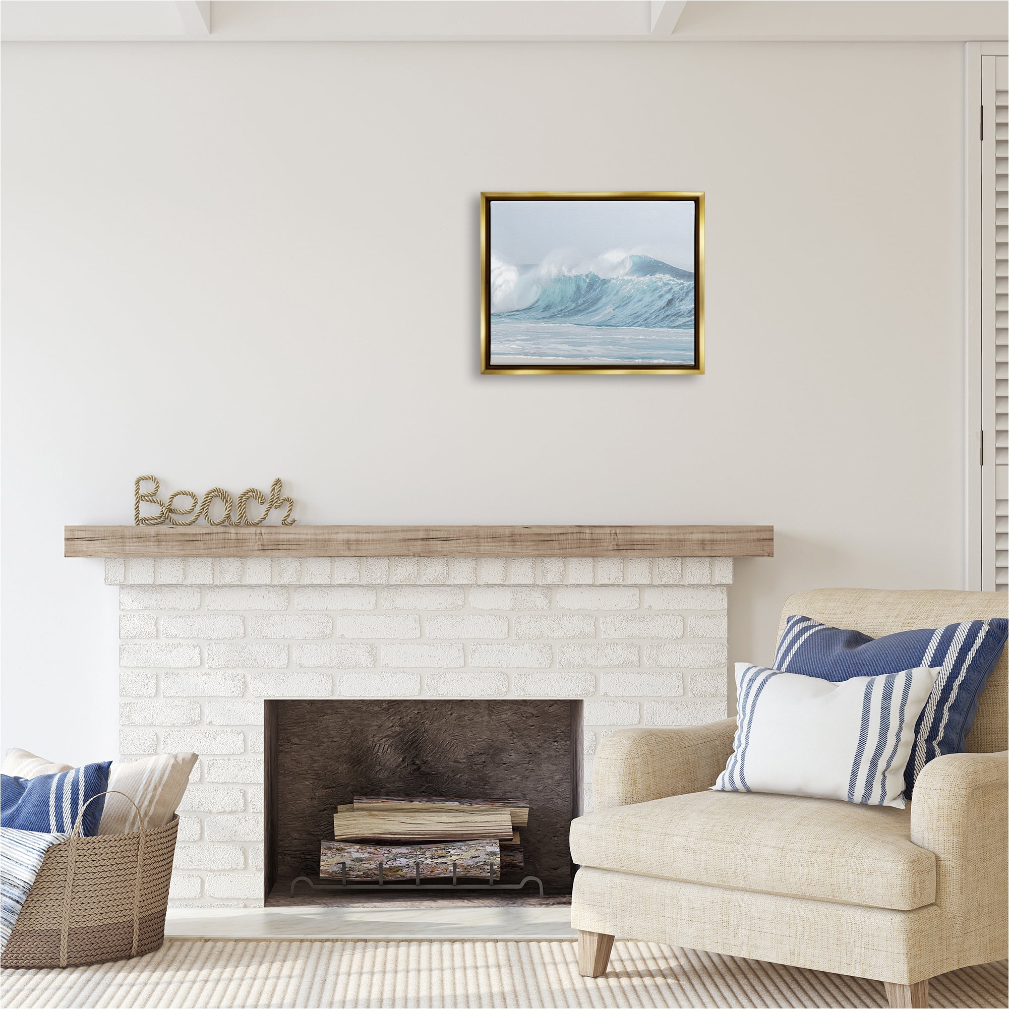 Stupell Industries Ocean Tsunami Waves Landscape Photography Gold Floater Framed Canvas Art Print Wall Art, 21 x 17