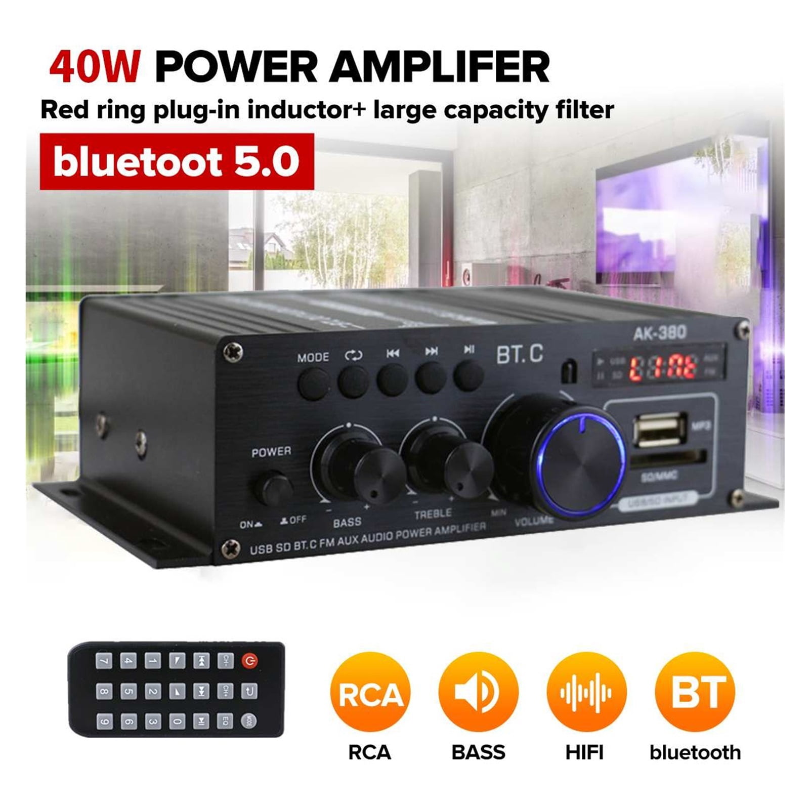 40W*2 Ak380 Bluetooth 5.0 HiFi Power Amplifiers Stereo Home Car Audio 12V Digital Sound Amplifier BASS Music Player FM Radio ,Wide Application