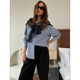 thumbnail image 5 of Camisas de Mujer con Botones, Blusas Clásicas A Rayas de Larga con Cuello y Bolsillo para Oficina Azul y Gris L, 5 of 7