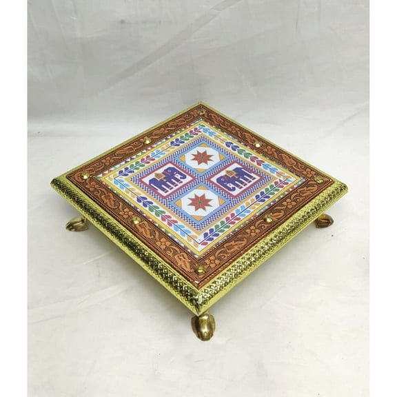 Indian Traditional Bajot Wooden Chowki Table Stool Handmade Bajot Brass and Copper with Hand Painted Bajot Pooja Chowki Chaurang Sitting Stool Indian Meenakari Bajot - AtoZ India Cart