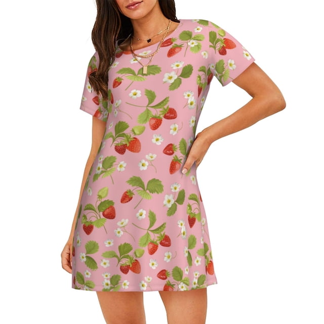 Fotbe Strawberry Floral Bata de Dormir para Mujer con Estampado, Camisón de Algodón de Manga Corta, Ropa de Dormir Casual