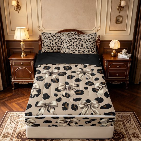 Manfei Cartoon Cute Bow Zipper Twin Comforter Sets with Fitted Sheet and 2 Pillowcases,Brown Leopard Print Zipper Bedding Set,Black Reversible,4 Pieces