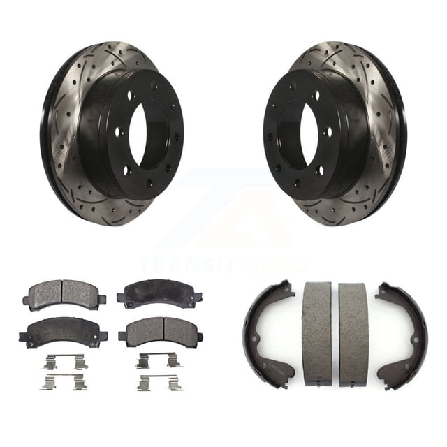 Transit Auto Rear Disc Drilled & Slotted Rotors Ceramic Pads and Parking Brake Shoes Kit for Car 2012 GMC Savana 3500 Cutaway Van with Single Wheels Limited Slip Positraction Axle KDT-101528