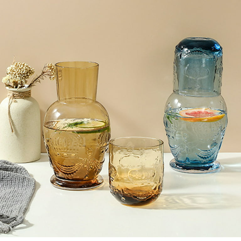2023 New Vintage Bedside Water Carafe With Tumbler Tumbler Glass Relief  Glass Pitcher Cup Night Set