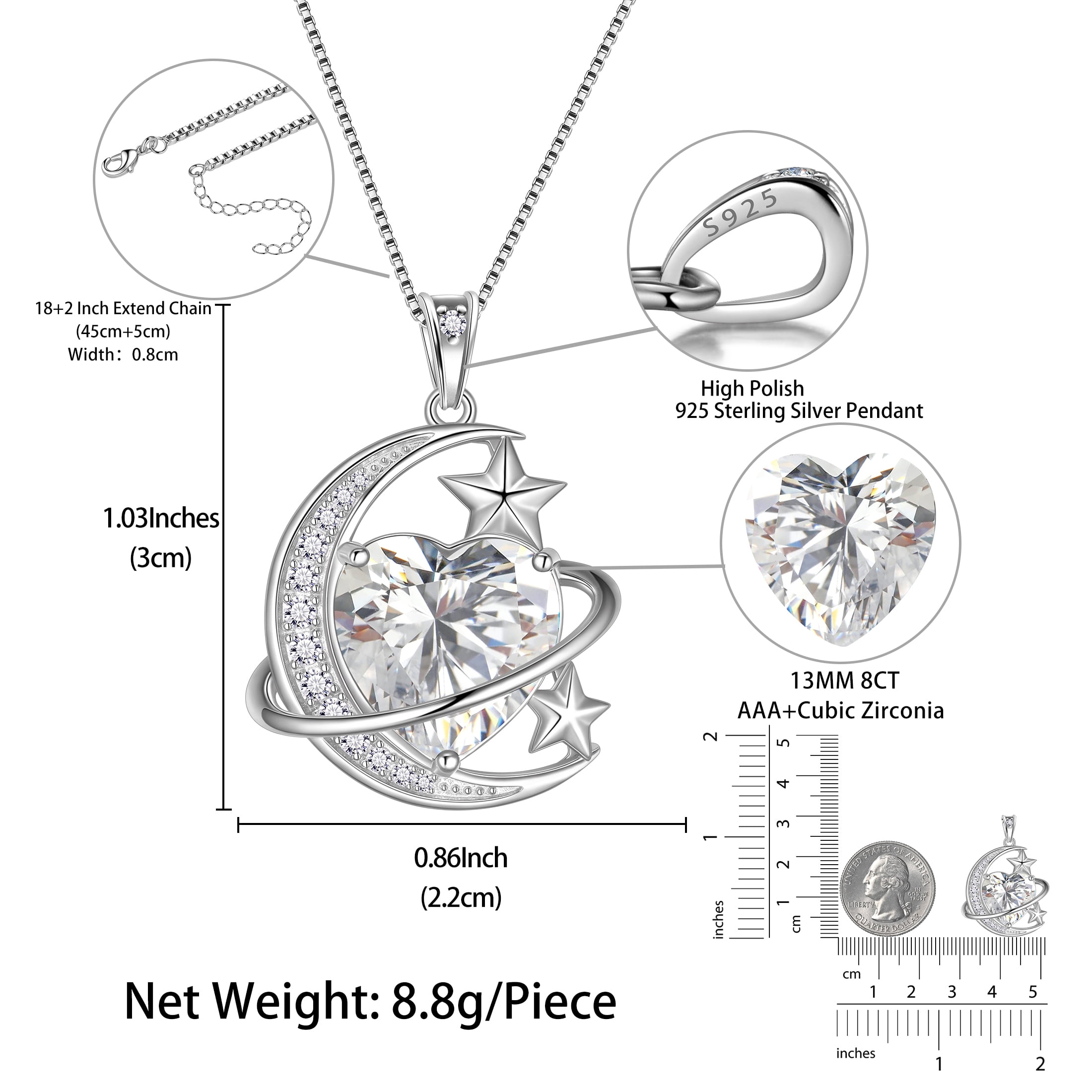 Juwaliy 13MM Women Moon Star Necklace Heart April Birthstone 925 Sterling Silver Celestial Necklace Pendant Diamond Crystal Jewelry Christmas Birthday Valentines Gift for Wife/Mom