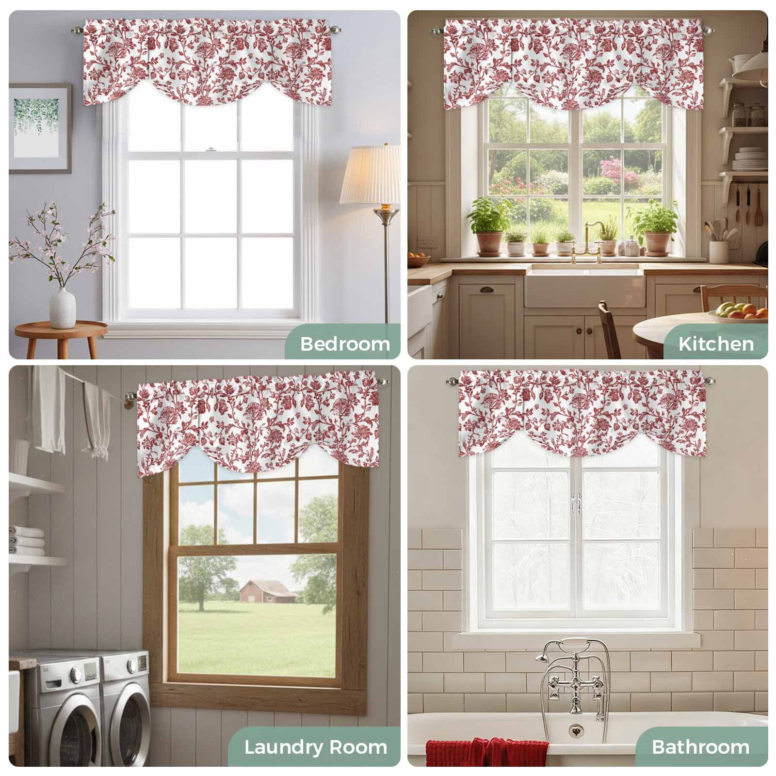 Dark Red Floral Paisley Tie Up Valance for Windows Boho Leaf Vintage Farmhouse Linen Adjustable Curtain Valance Rod Pocket Balloon Shade Window Treatment for Kitchen Living Room Bedroom 60x18inch