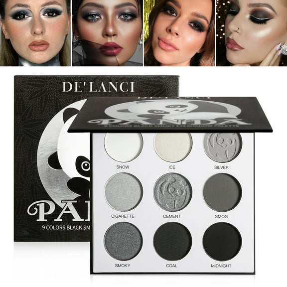 Black Eyeshadow Palette Natural,DE’LANCI PANDA 9 Colors True Dark Grey Smokey Eyeshadow Palette Goth SFX Makeup Pallet Small,Soft Matte Shimmer High Pigmented Basic Smoky Black White  Shade