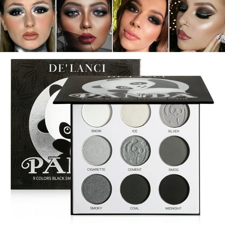 Black Eyeshadow Palette Natural,DE’LANCI PANDA 9 Colors True Dark Grey Smokey Eyeshadow Palette Goth SFX Makeup Pallet Small,Soft Matte Shimmer High Pigmented Basic Smoky Black White Shade