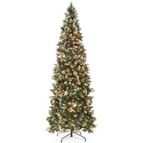 Best Choice Products 7.5ft Pre-Lit Partially Flocked Pencil Christmas Tree w/ 350 Lights, Pine Cones, Foldable Stand