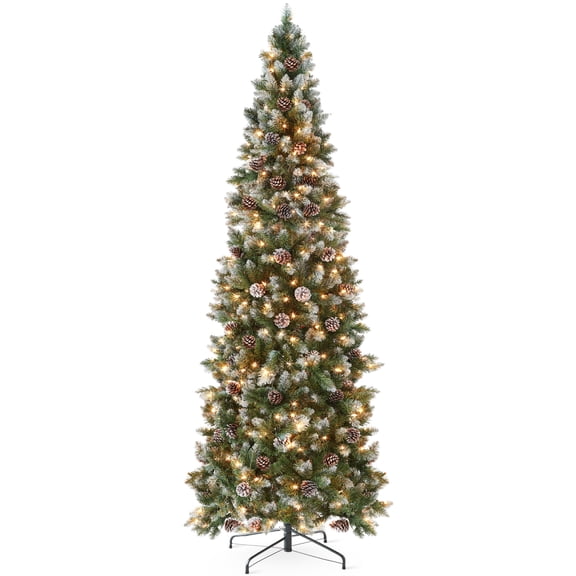 Best Choice Products 7.5ft Pre-Lit Partially Flocked Pencil Christmas Tree w/ 350 Lights, Pine Cones, Foldable Stand