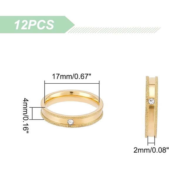 201 Stainless Steel 12Pcs Golden Frosted Blank Ring Size 6 Rhinestone Grooved Ring Stainless Steel Round Empty Ring for Inlay Ring Jewelry Band Making and Gift