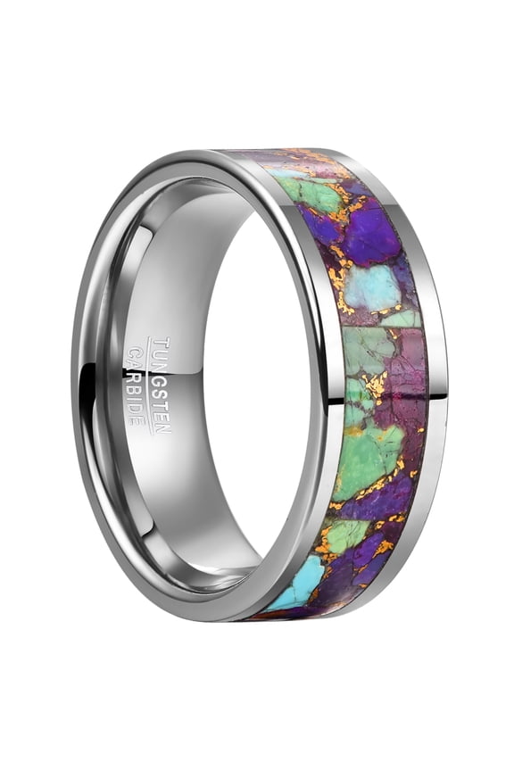 Tungsten Ring for Men Copper Purple Turquoise Inlay 8mm Tungsten Carbide Engagement Wedding Band Flat Edge Comfort Fit Size 7-12