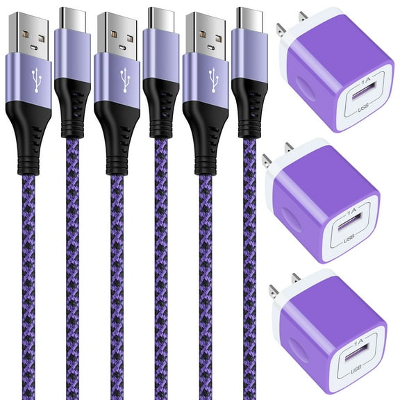Phone Chargers for Android Phone,HopePow 3Pack 1A/5V Usb Wall Charger Block Adapter Plug with 3Pack High Speed USB C Type C Charger Fast Charging Cables 6ft Phone Cords Type C,Purple