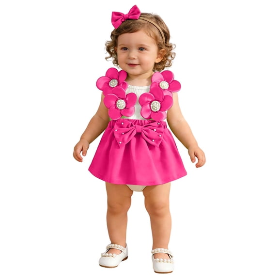 JAJAHO Toddler Baby Girl Clothes Infant Girls Bodysuits Sleeveless Floral Bowknot Romper Dress With Headband 2PCS Set Cute Trendy One-Pieces
