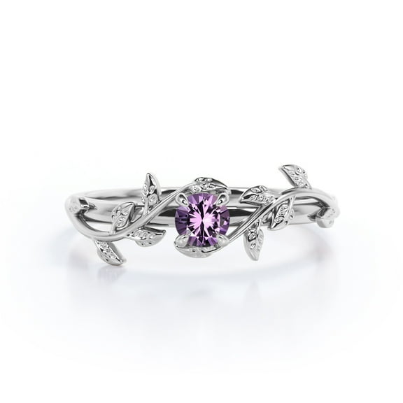 JeenMata Bohemian Design 0.50 Carat Round Cut Lab Created Purple Amethyst Solitaire Engagement Ring in 18K White Gold Plating over Silver