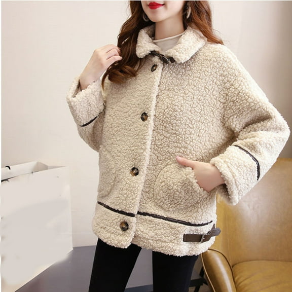 gbyLJF Women's Fleece Jacket Solid Color Button Down Laple Plush Coat Winter Thickened Warm Outwear Jacket with Pockets