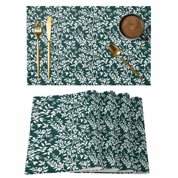 Dark Green Spring Floral Placemats Set of 4, Farmhouse Flowers Elegant Pastoral Placemats for Dining Table, Place Mats for Kitchen Tabletop, Waterproof Wipeable Dining Table Mats Set
