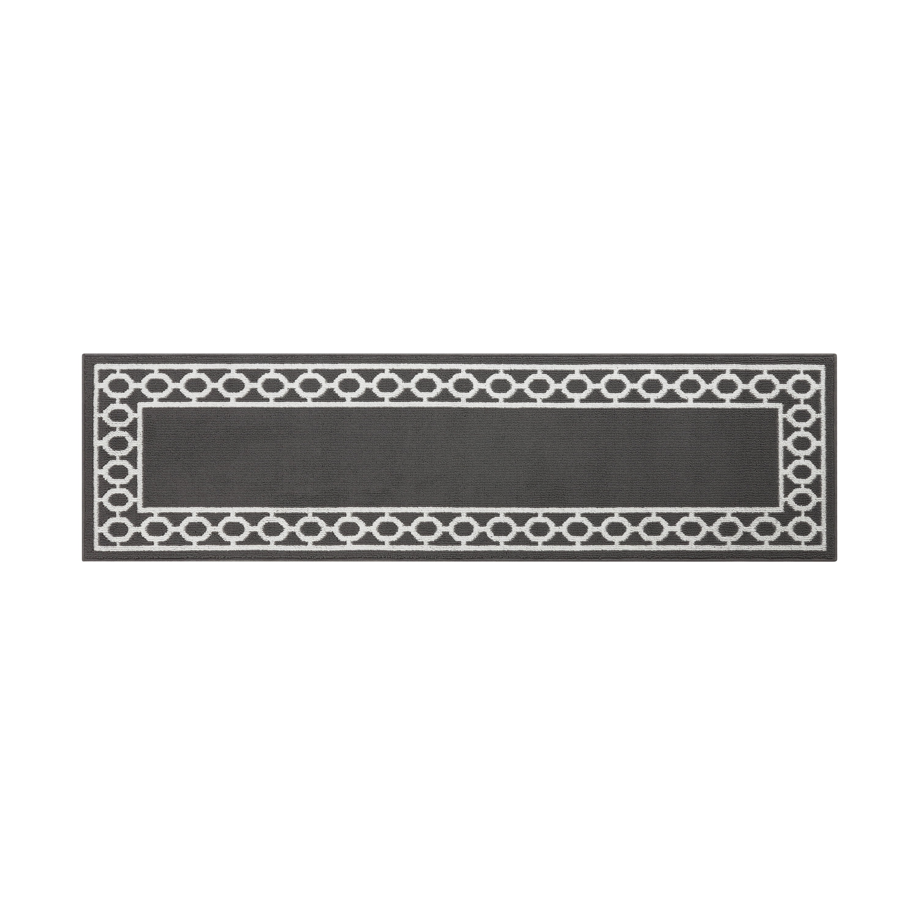 Washable Skid-Resistant Runner Rug, Trellis Border, Dark Grey and White, 26" x 96"