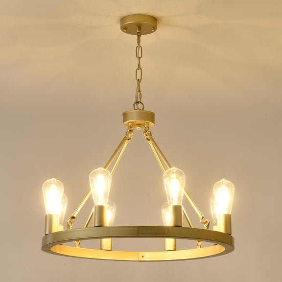 GDF Studio 8-Light Wagon Wheel Chandelier, Vintage Round Ceiling Light, Adjustable Height, Gold