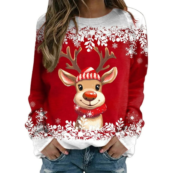 Fiaer Christmas Women Sweatshirts Snowflake Deer Cute Graphic Pullover Crew Neck Plus Size Long Sleeve Baggy Tops Red XL