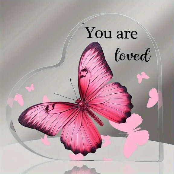 Pink Butterfly Acrylic Decorative Plaque with You Are Loved Message Heart-Shaped Desktop Decor for Teacher's Day Boss's Day Birthday Retirement Mother's Day Gift 4 Inch