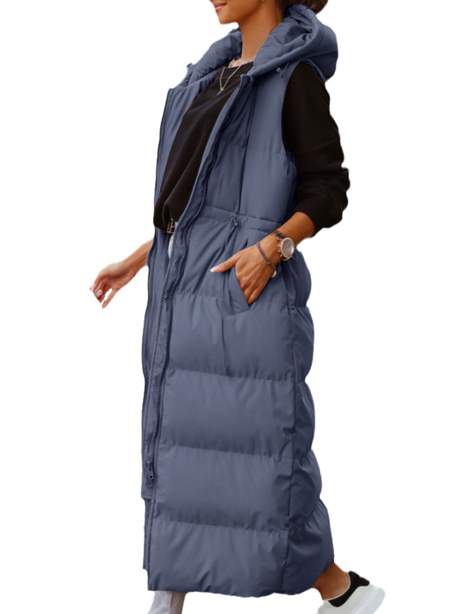 Frontwalk Women Long Quilted Vest Hooded Maxi Length Sleeveless Puffer