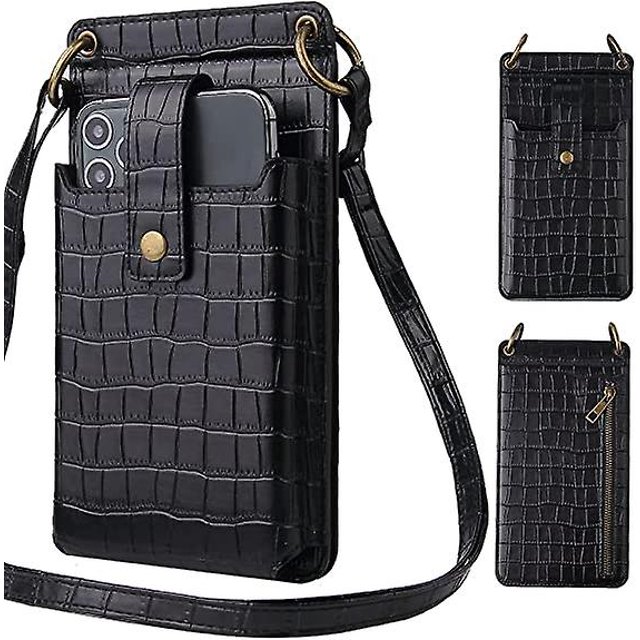 Tal Discount Bolso bandolera ligero para teléfono para mujer Patrón de cocodrilo Bolso para teléfono móvil de un solo hombro, Cartera larga para tarjetas cruzadas (negro)