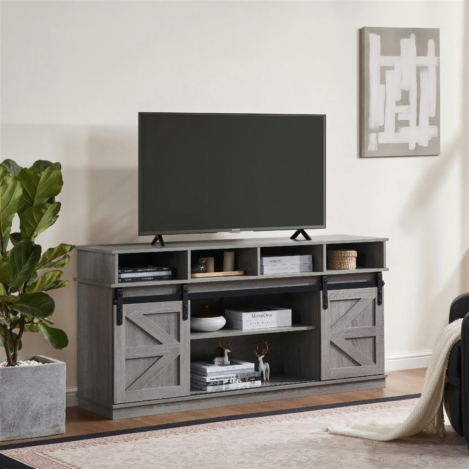 Demi Bonn Modern TV Stand with Sliding Barn Door, Farmhouse Wood Entertainment Center, Storage Cabinet Table Living Room with Adjustable Shelves for TVs Up to 65", Gray