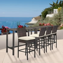 Outdoor Bar Set for Patio 6pc Outdoor Bar Tables and Chairs Set All Weather Bar Height High Top Outdoor Tables and Chairs Wicker Bar Stools Set of 4 Tall Patio Table for Outside Balcony Brown (Beige)