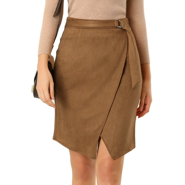 INSPIRE CHIC Women's A-Line Front Slit Knee Length Wrap Faux Suede Skirt