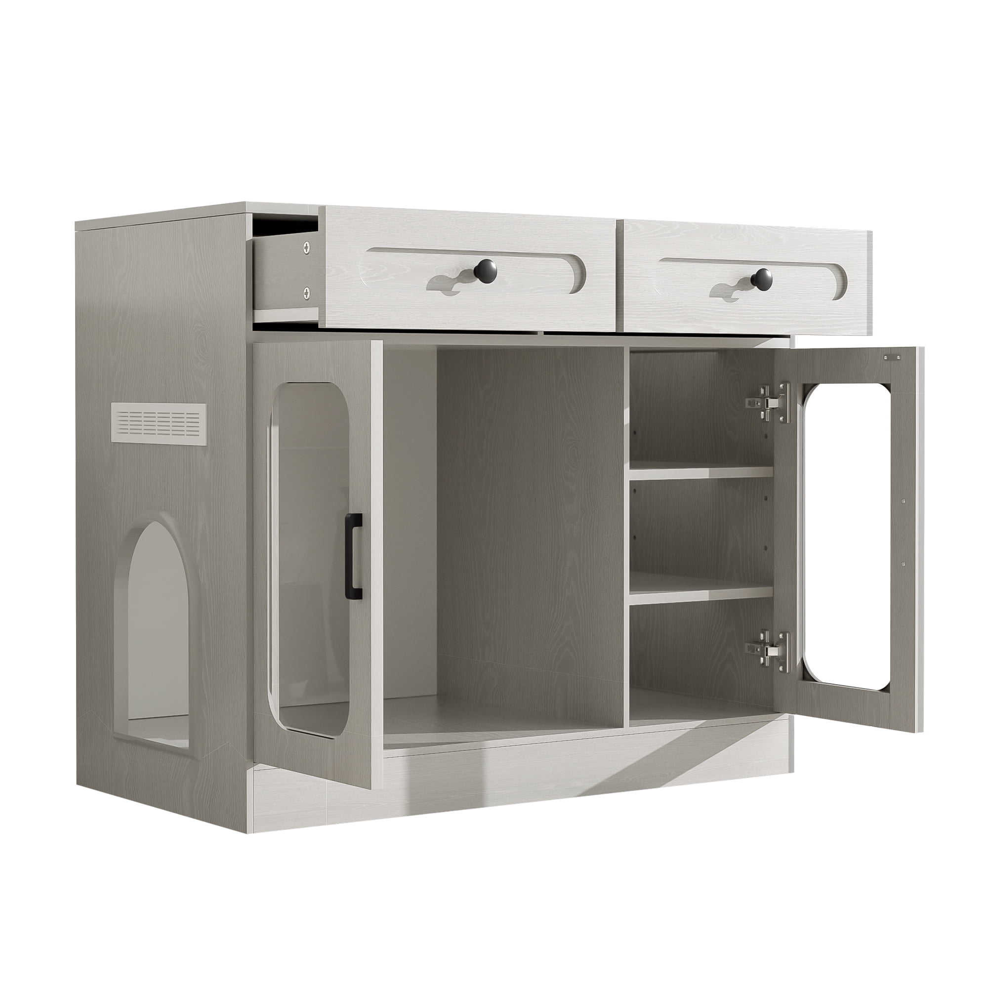 Aukfa Hidden Cat Litter Box Enclosure with LED Light, Cat Litter Box Cabinet with Storage Drawer & Acrylic Door, Modern Cat Furniture Side Table,Gray